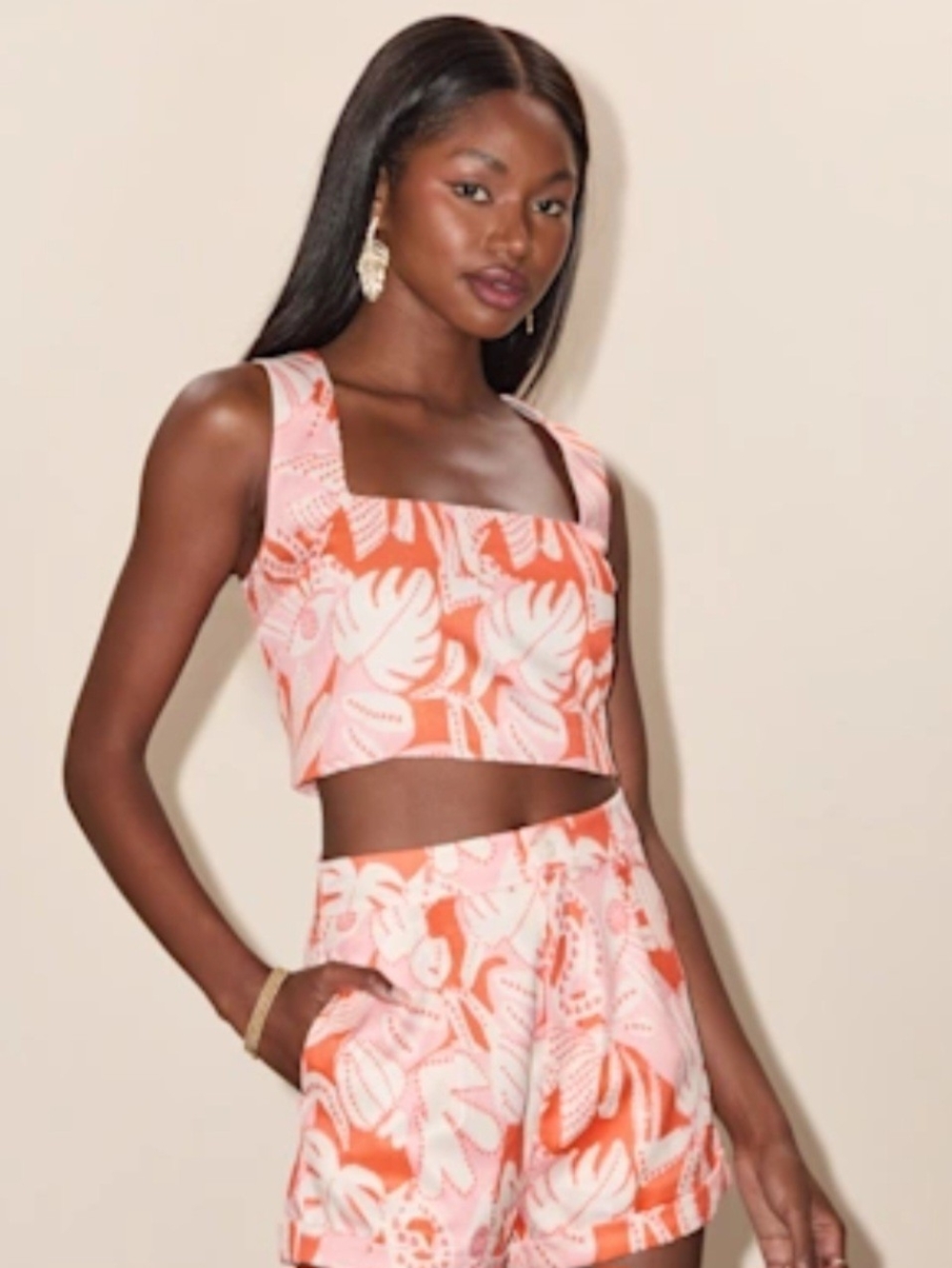 Lulu's Pink and Orange Tropical Print Crop Tank